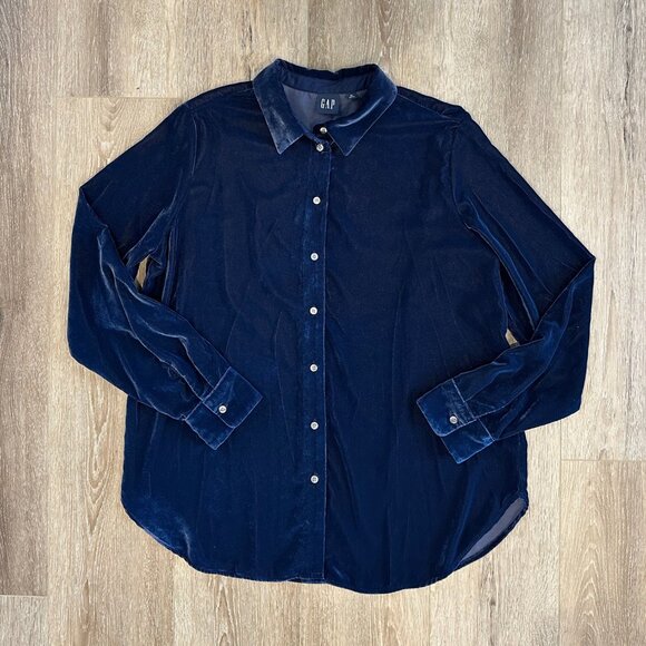GAP Navy Velvet Boyfriend Shirt Size Medium - Picture 2 of 7